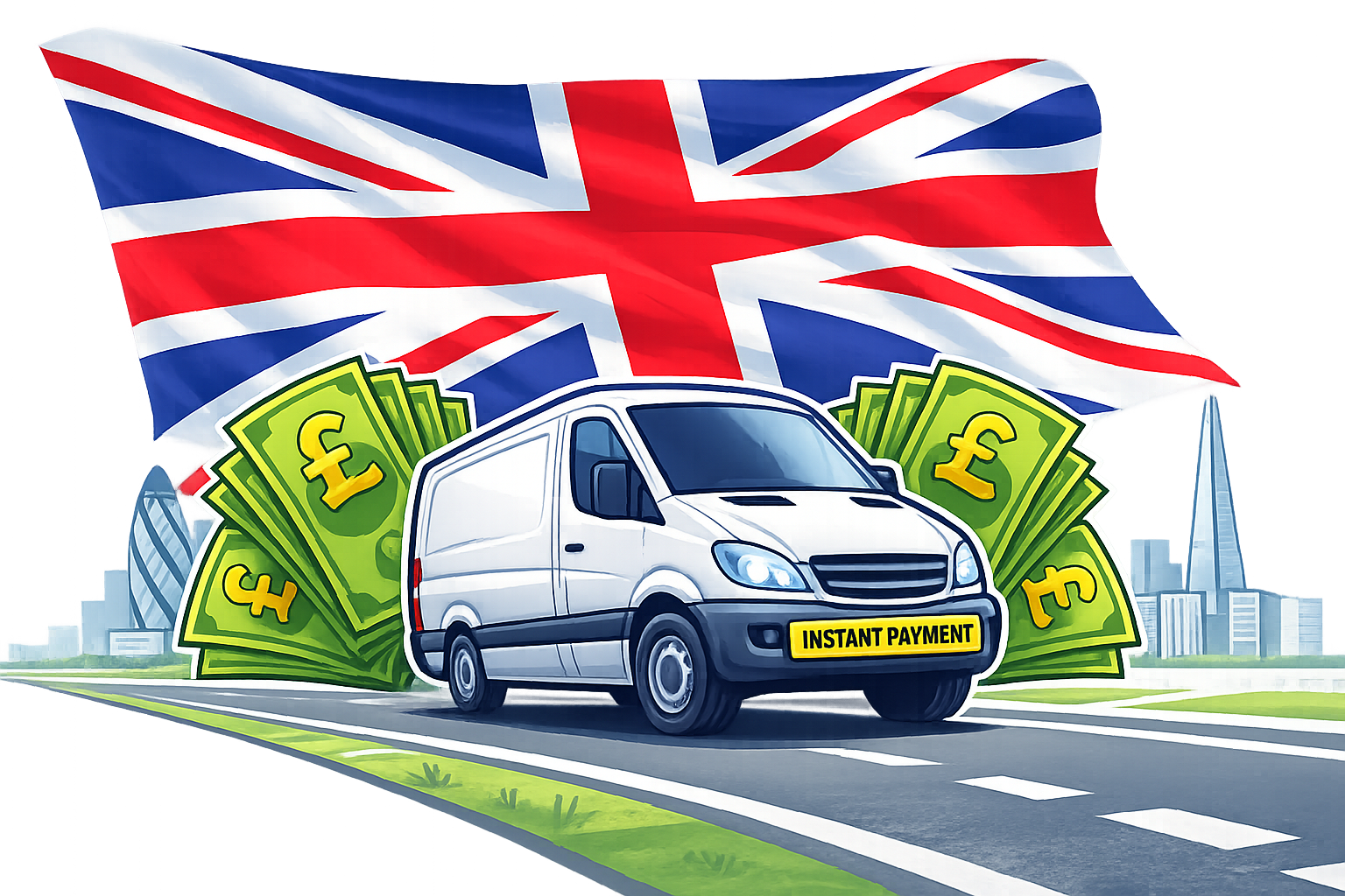 White van surrounded by stacks of British pound notes — sell your van for instant cash